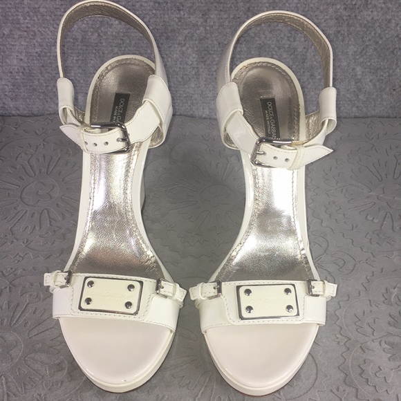 Dolce Gabbana White Patent Leather Wedge Sandals - Size 39.5/39. Made in Italy.